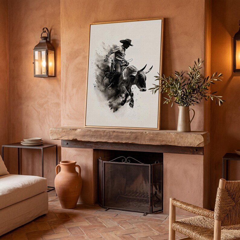 Dynamic Rodeo Cowboy Bull Riding Canvas Art Print – Western Farmhouse Wall Decor White Oak Frame