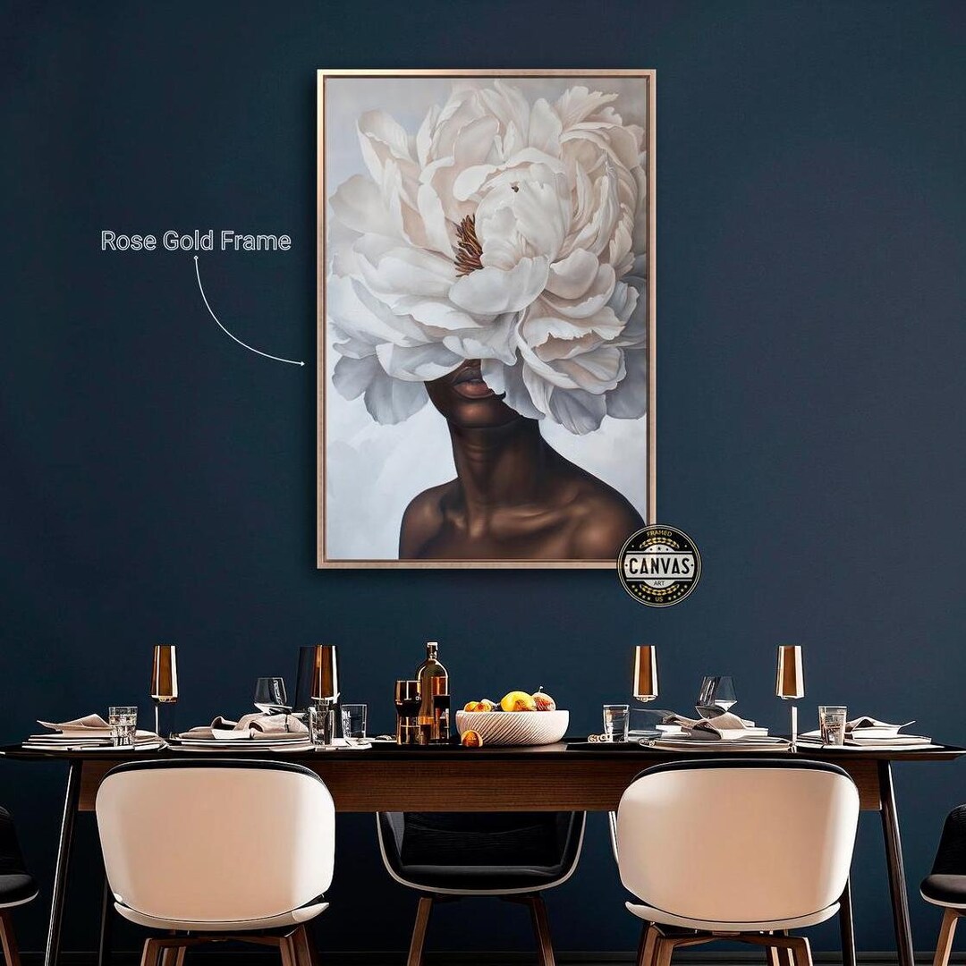 Black Woman With Blooming White Flower Head Framed Canvas Wall Art ...