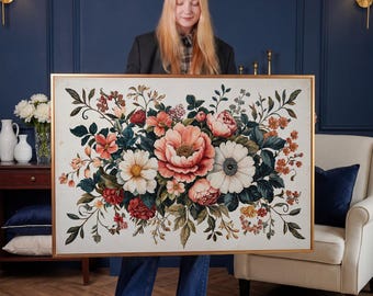 Vintage Floral Framed Canvas Print - Botanical Large Wall Art, Flowers Print, Elegant Decor, Gift for Mom, Ready to Hang Living Room Art