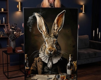 Victorian Bunny Framed Canvas Wall Art Funny Vintage Rabbit Painting Print Whimsical Animal Wall Decor Whiskey themed Poster Ready to Hang