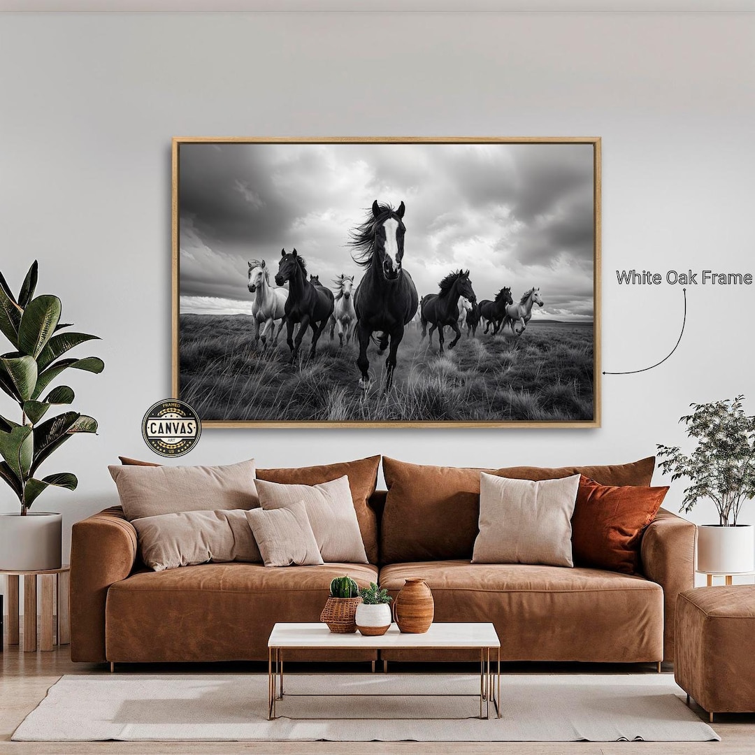 Herd of Wild Horses Galloping Framed Canvas Wall Art Black and White ...
