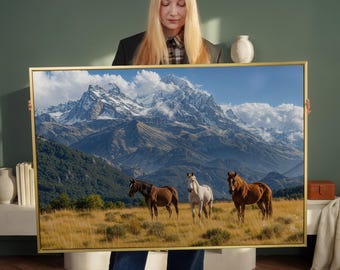 Framed Mountain Landscape Canvas Print: Grazing Horses, Snowy Peaks Animal Art