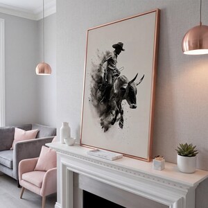 Dynamic Rodeo Cowboy Bull Riding Canvas Art Print – Western Farmhouse Wall Decor Rose Gold Frame