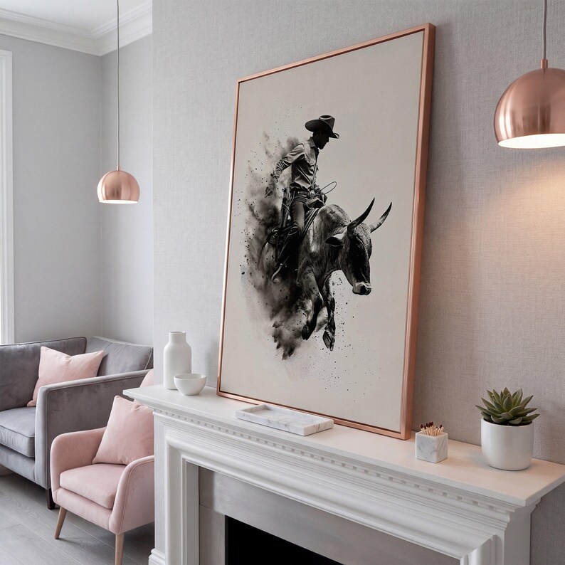 Dynamic Rodeo Cowboy Bull Riding Canvas Art Print – Western Farmhouse Wall Decor Rose Gold Frame
