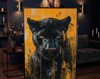 Yellow Black Panther Canvas Print: Abstract Wild Cat Wall Art, Ready to Hang