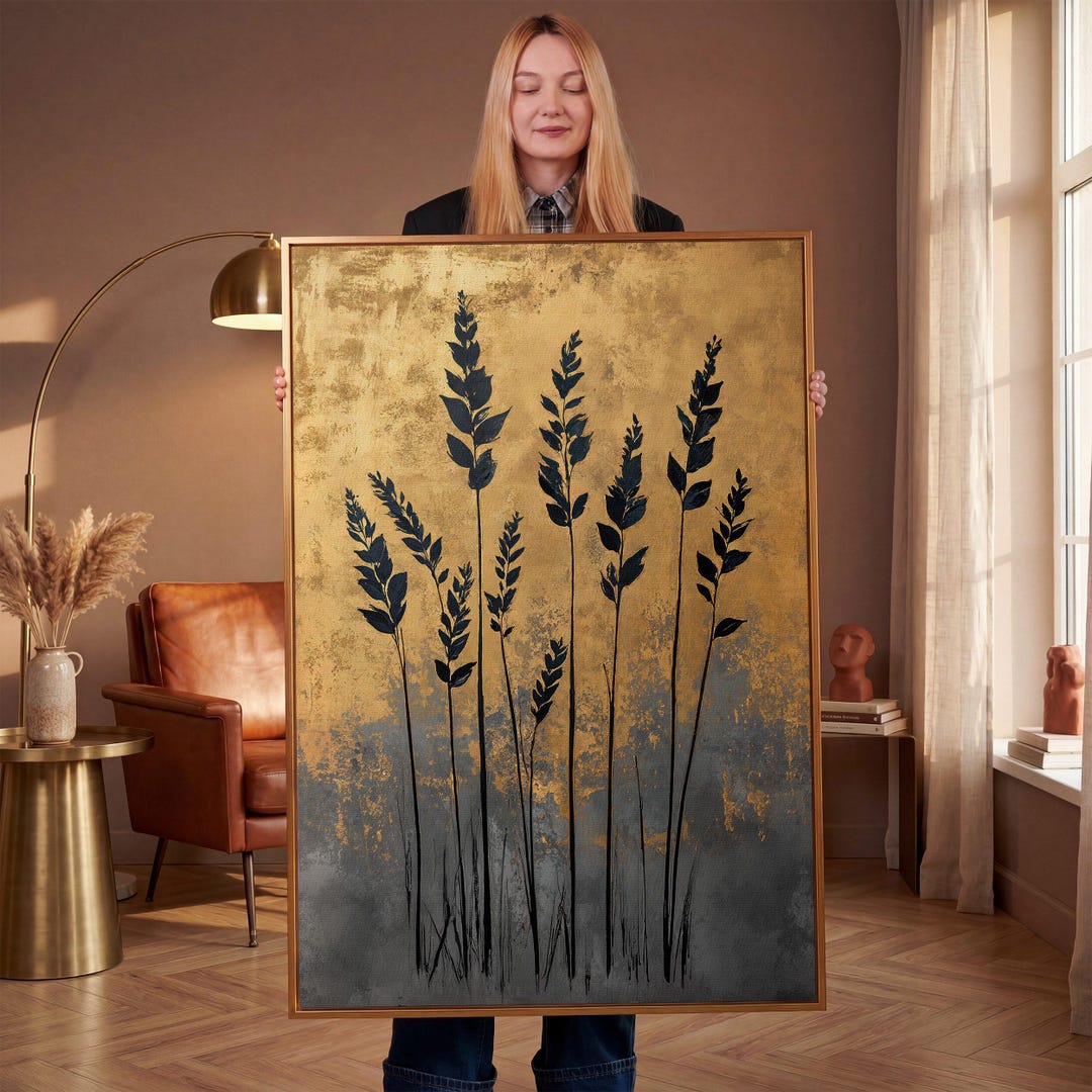 Black Plant Stalks Framed Canvas Print – Abstract Gold Gray Botanical ...