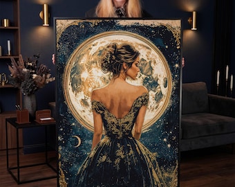 Magical Full Moon Woman Portrait - Framed Canvas Print - Starry Night Fantasy Goddess Art - Large Wall Art - Mystical Celestial Romantic Art