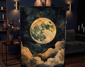 Celestial Full Moon Framed Canvas Print: Starry Night Sky Wall Art