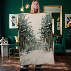 Framed Winter Forest Landscape Canvas Print – Snowy Tranquil Scene, Evergreen Trees Wall Art