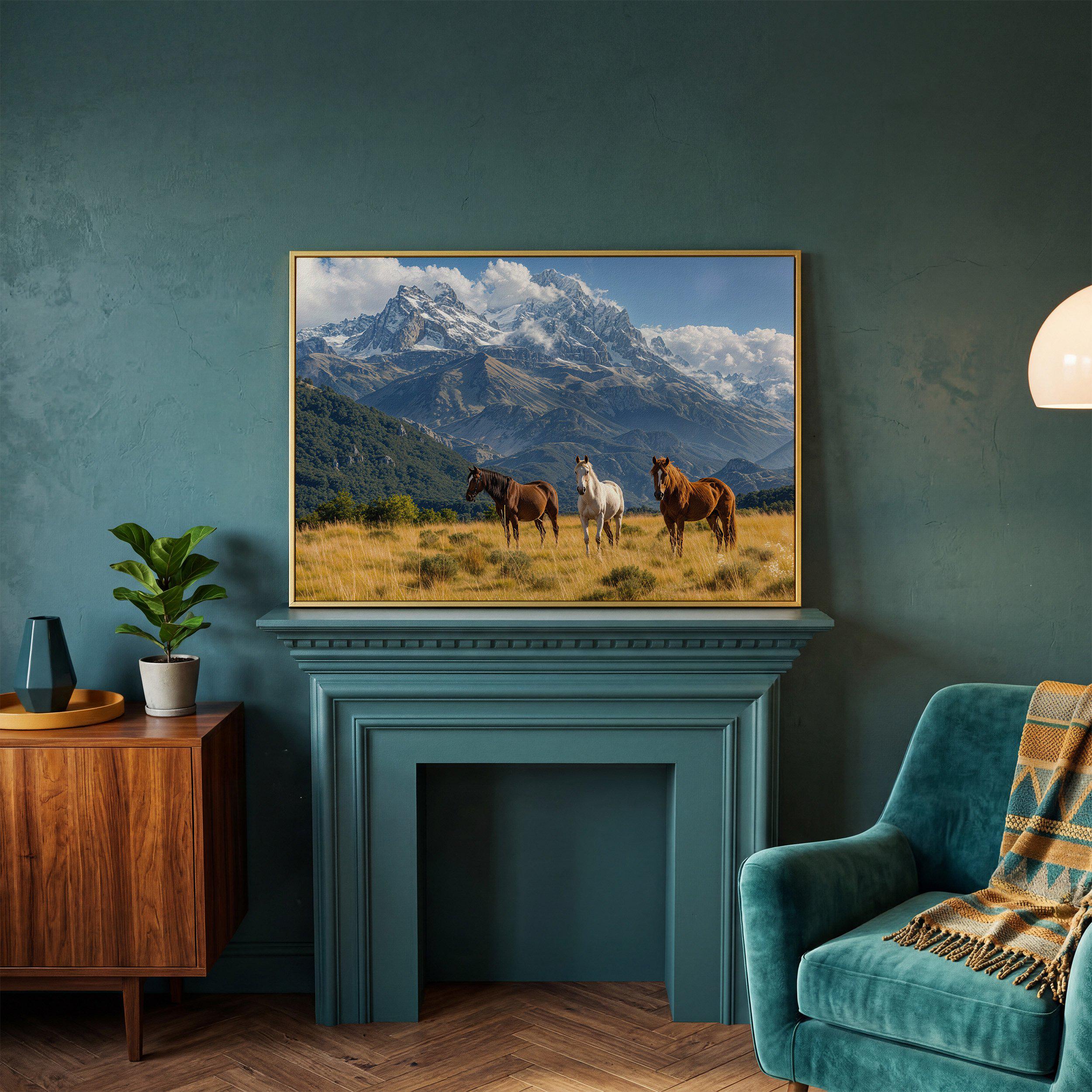Framed Mountain Landscape Canvas Print: Grazing Horses, Snowy Peaks ...