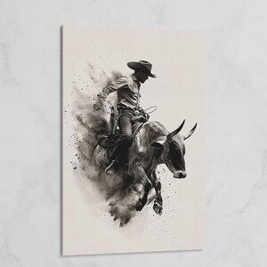 Dynamic Rodeo Cowboy Bull Riding Canvas Art Print – Western Farmhouse Wall Decor Gallery Wrapped