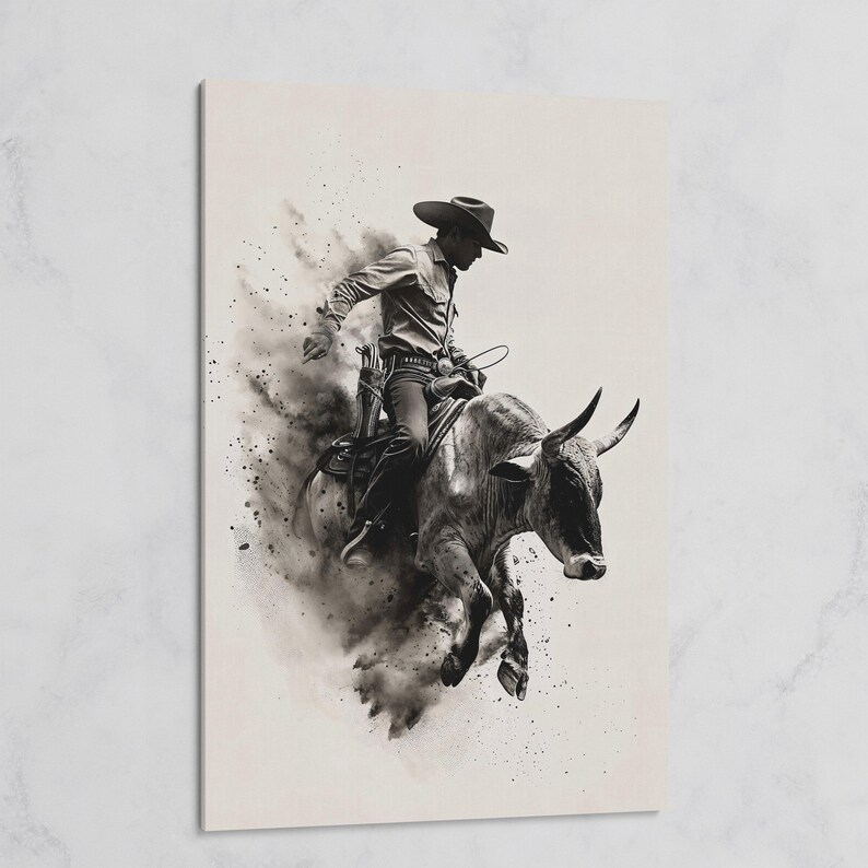 Dynamic Rodeo Cowboy Bull Riding Canvas Art Print – Western Farmhouse Wall Decor Gallery Wrapped