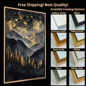 Framed Starry Night Canvas Art, Gold Forest Mountain Print - Etsy
