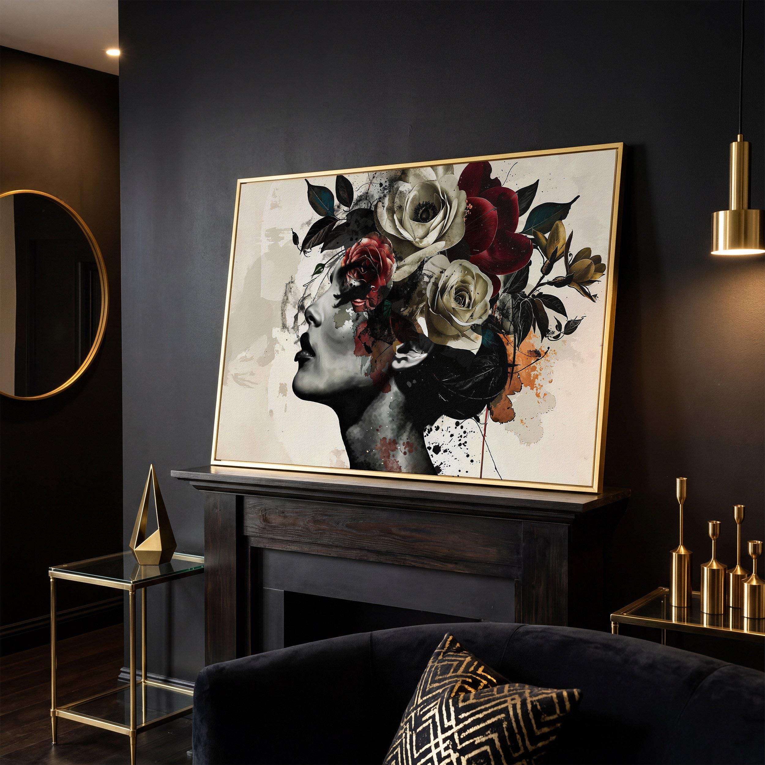 Framed Floral Woman Canvas Art: Abstract Surreal Lady Portrait Print ...