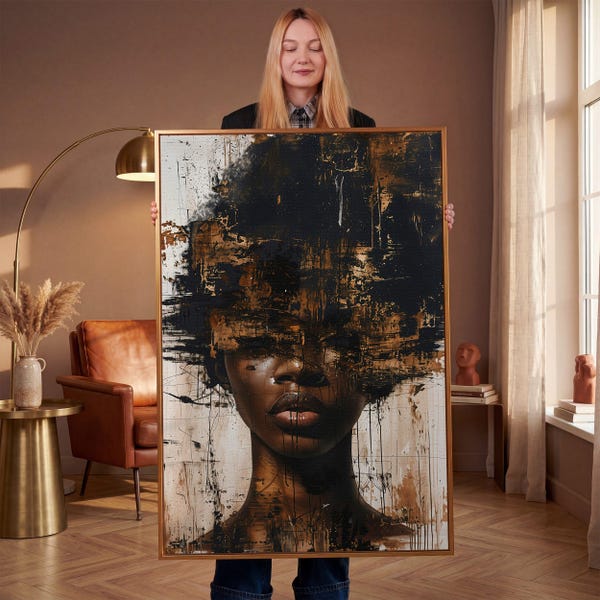 Abstract African Woman Canvas Print, Chaotic Afro Hair Wall Art, Black Girl Painting Decor