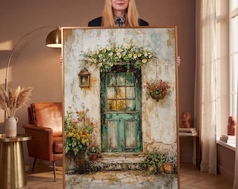 Rustic Flower Art Door Scene - Vintage Country Style Framed Canvas Print, Unique Gift, Rustic Wall Art, Farmhouse Decor, Ready to Hang