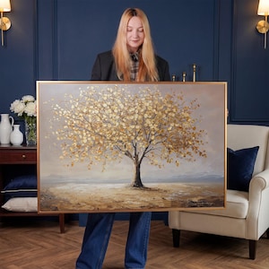 Golden Tree of Life Framed Canvas Print Barren Landscape Canvas Wall Art Solitary Plant Painting Print Abstract Luxury Decor Ready to Hang