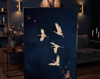 Elegant Gold Cranes Framed Canvas Print Dark Blue Background Canvas Wall Art Birds in Flight Poster Avian Elegance Decor Ready to Hang