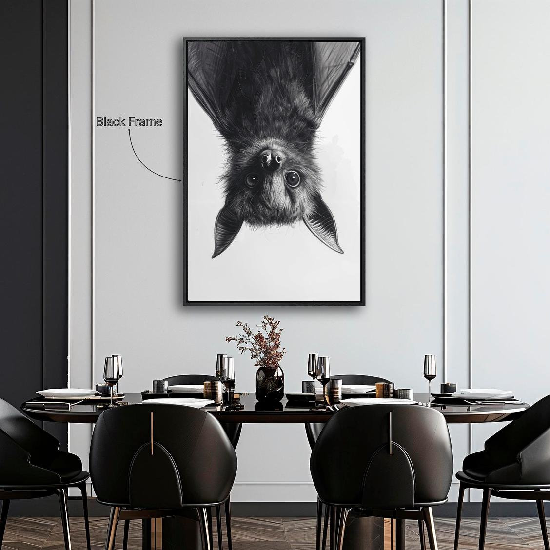 Cute Little Bat Framed Canvas Print Adorable Upside-Down Animal Canvas Wall Art Nocturnal Mammal Painting Print Home Decor Ready to Hang