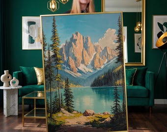 Majestic Mountain Lake Canvas Print – Vintage Landscape, Tranquil Cabin Decor