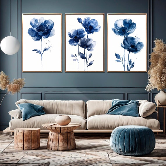 Elegant Blue Floral Framed Canvas Wall Art Set of 3 Minimalist Flowers Watercolor Painting Prints Large Botanical Wall Decor Ready to Hang