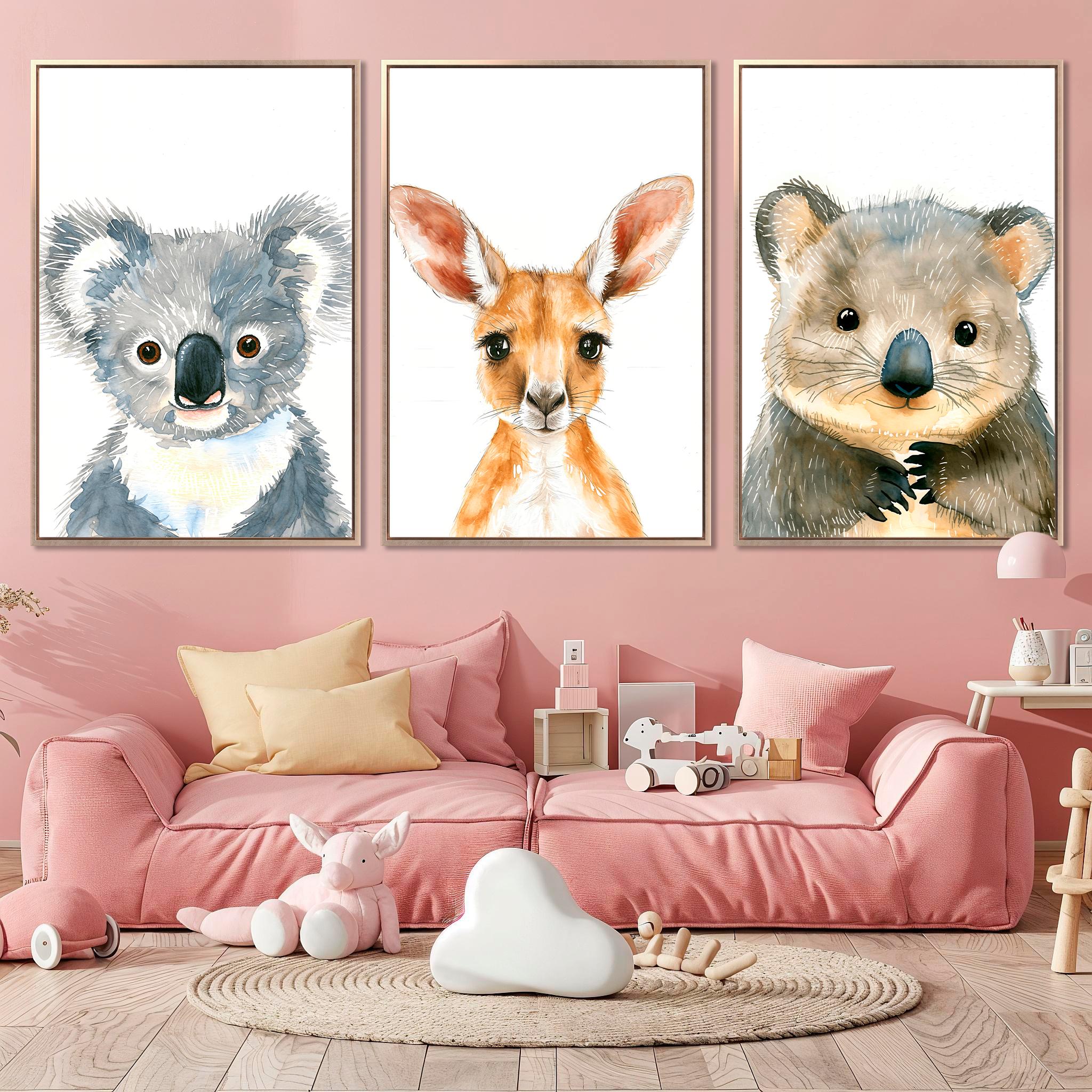 Australian Animals Set of 3 Framed Canvas Wall Art Kangaroo Koala Wombat Watercolor Painting Prints Animal Nursery Wall Decor Ready to Hang