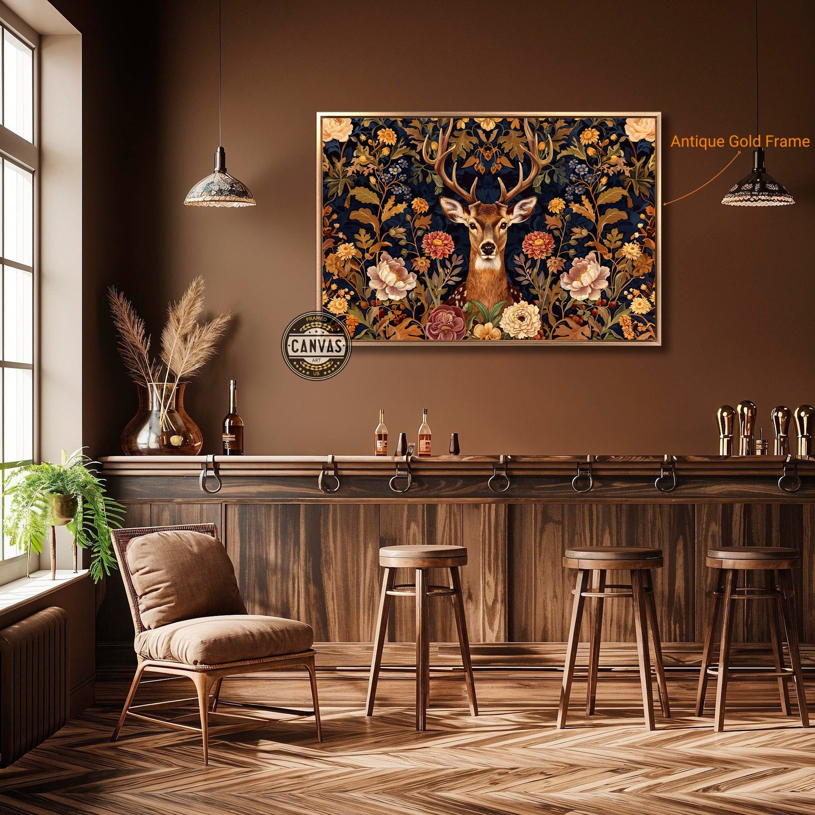 Deer Framed Canvas Print Abstract Stag Beauty Vintage Floral Pattern ...