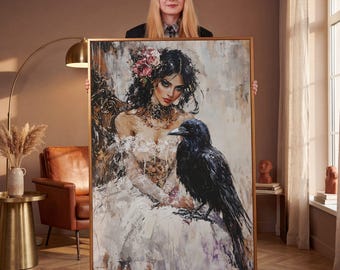 Gothic Mystical Woman and Raven Framed Canvas Print, Black Bird Canvas, Elegant Wall Art - Perfect Gothic Decor, Gift for Her, Ready to Hang