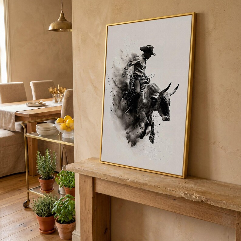 Dynamic Rodeo Cowboy Bull Riding Canvas Art Print – Western Farmhouse Wall Decor Yellow Gold Frame