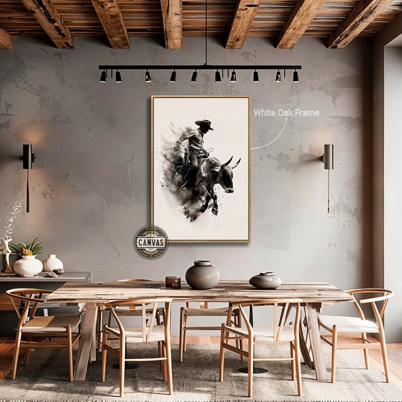Dynamic Rodeo Cowboy Framed Canvas Wall Art Bull Riding Painting Print Black and White Farmhouse Wall Decor Western Artwork Ready to Hang