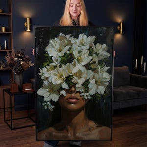 Abstract Woman Floral Portrait Framed Canvas Wall Art, Black Girl White Flowers Painting Print