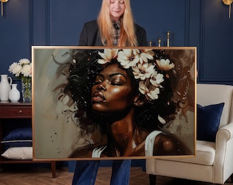 African American Woman Portrait Canvas Art, Floral Headpiece Painting Print, Framed Wall Decor