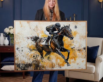 Jockey and Horse Racing Framed Canvas Wall Art Equine Sports Painting Print Contemporary Wall Decor Equestrian Art Poster Ready to Hang Gift