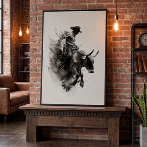 Dynamic Rodeo Cowboy Bull Riding Canvas Art Print – Western Farmhouse Wall Decor Black Frame