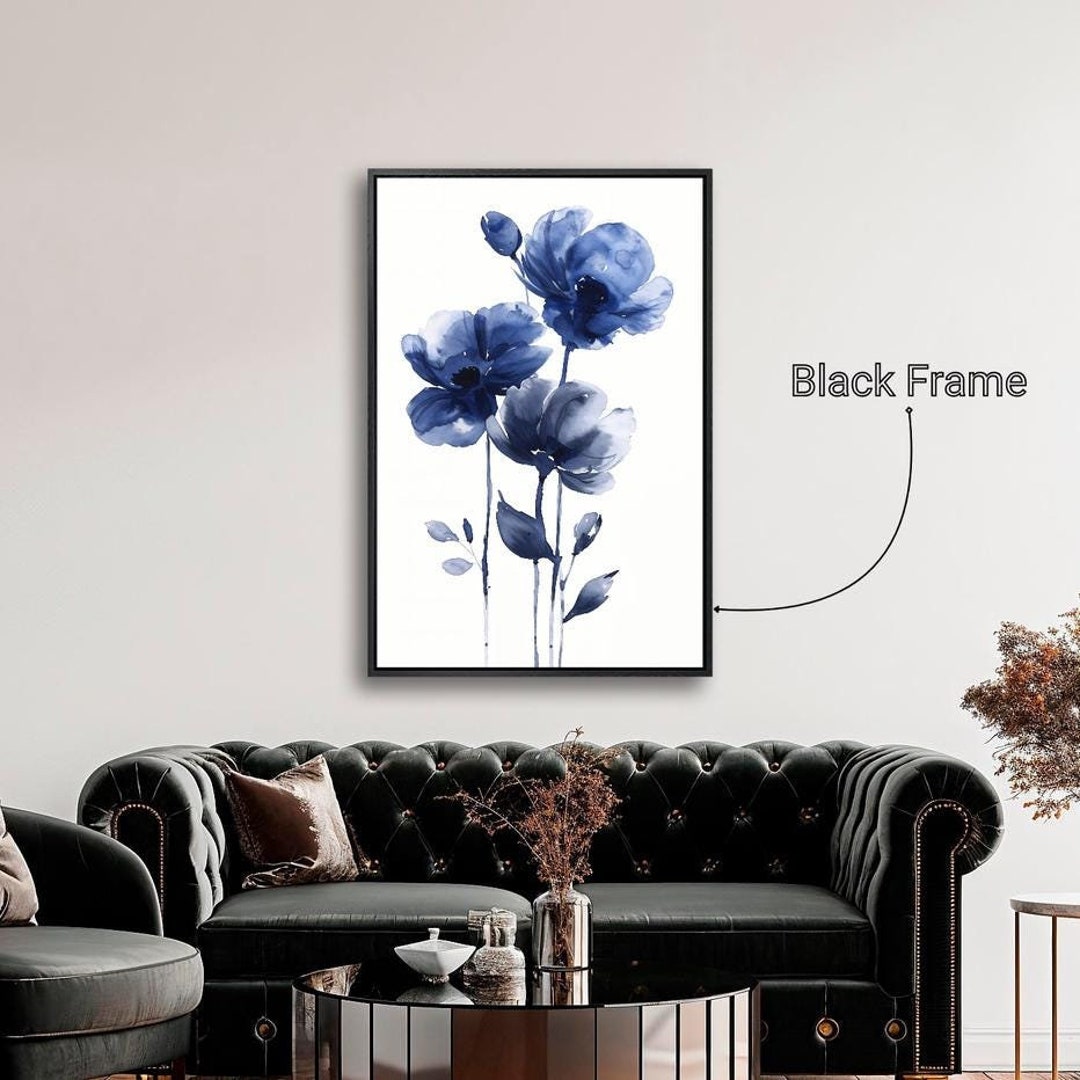 Blue Flowers Framed Canvas Wall Art Minimalist Floral Watercolor ...
