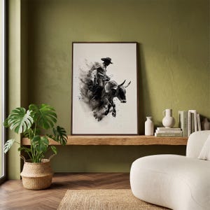 Dynamic Rodeo Cowboy Bull Riding Canvas Art Print – Western Farmhouse Wall Decor Black Walnut Frame