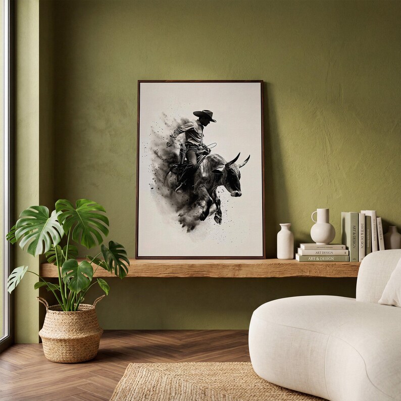 Dynamic Rodeo Cowboy Bull Riding Canvas Art Print – Western Farmhouse Wall Decor Black Walnut Frame