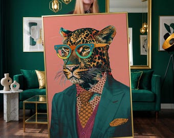 Leopard in Suit Framed Canvas Wall Art, Fashionable Animal Portrait Print