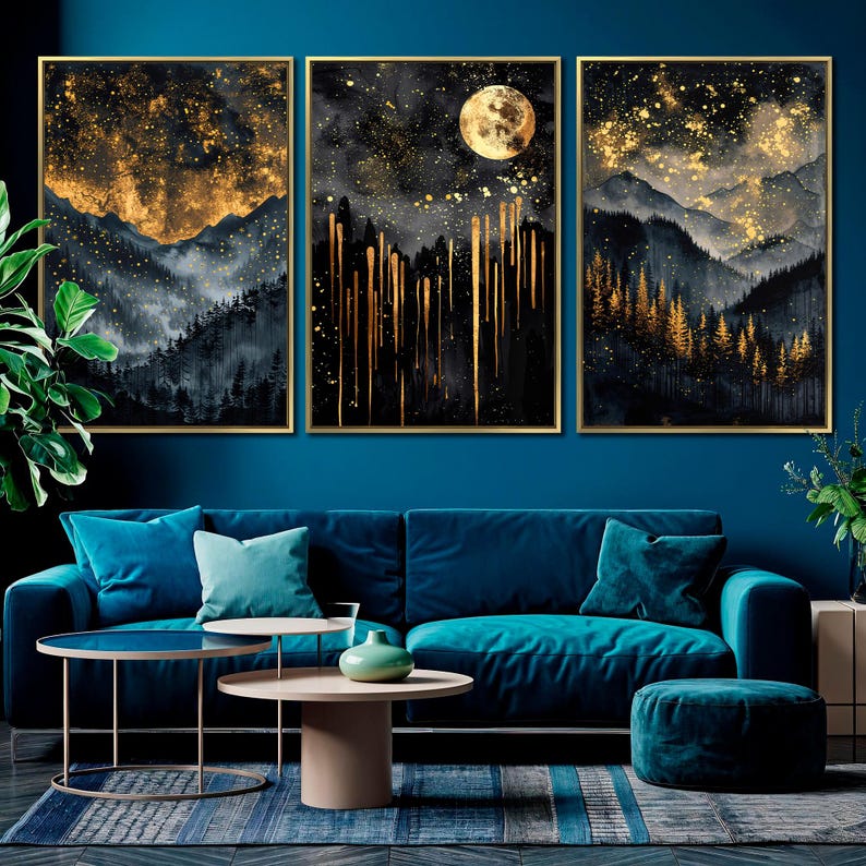 Abstract Starry Celestial Framed Canvas Wall Art Set of 3 Black and ...