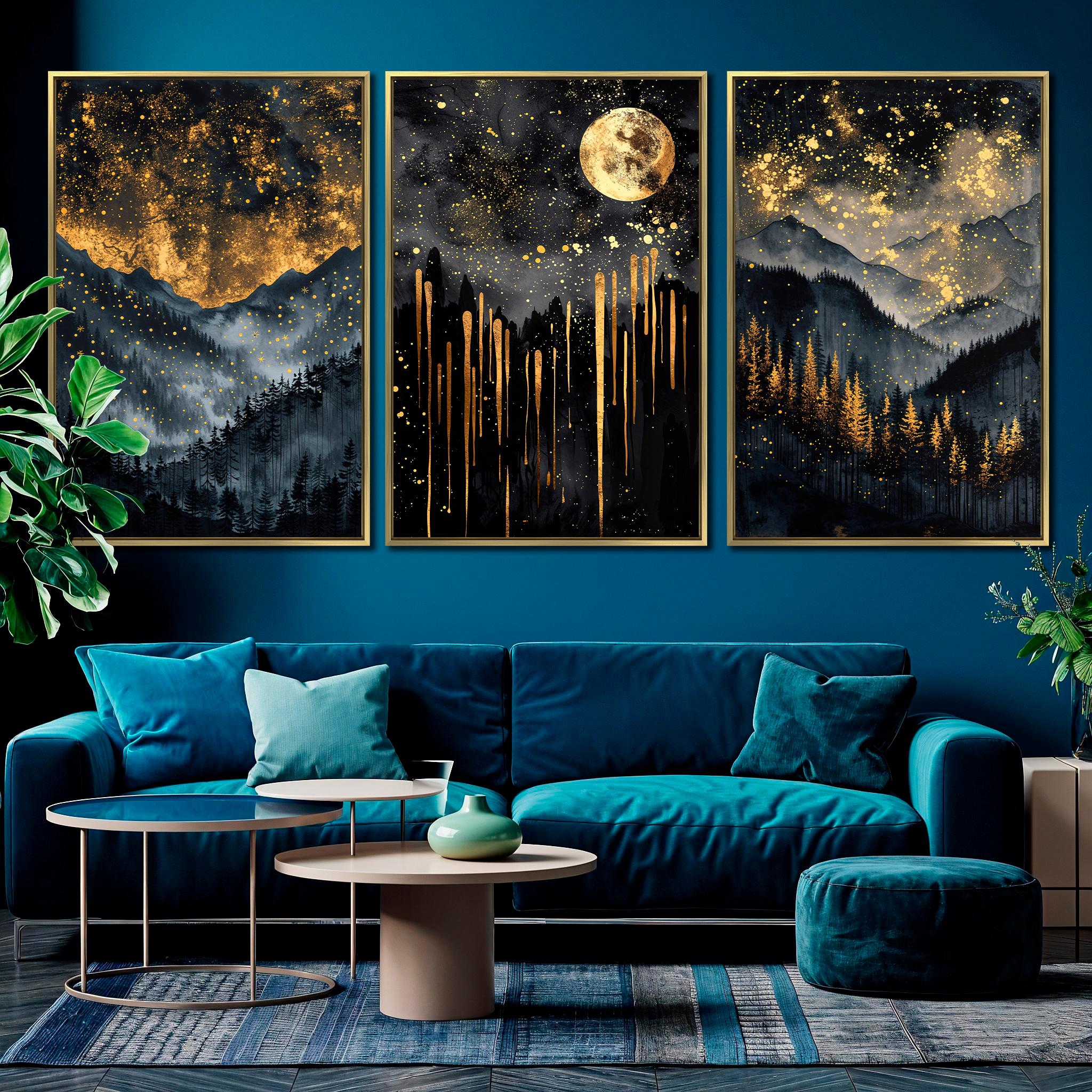 Abstract Starry Celestial Framed Canvas Wall Art Set of 3 Black and ...