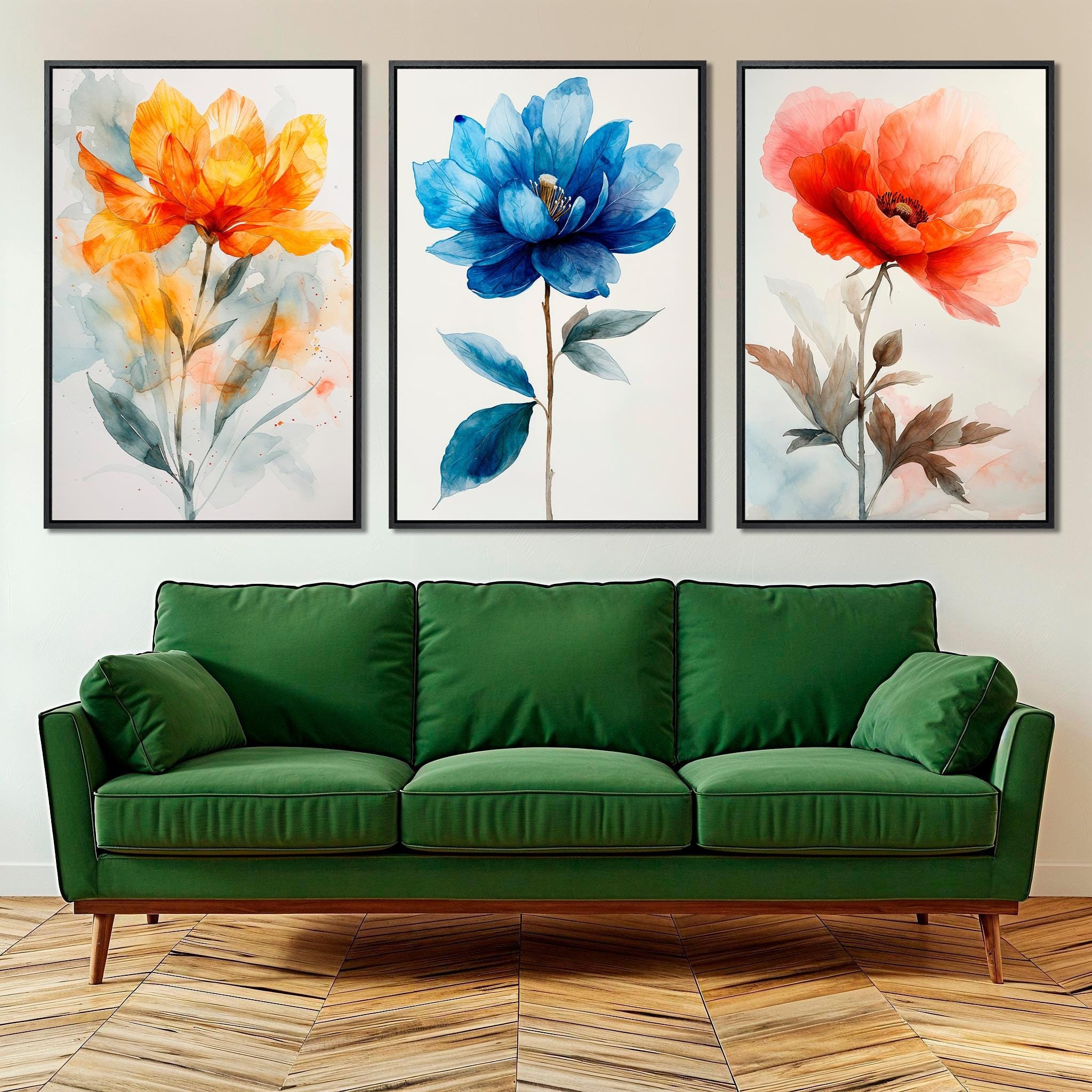 Colorful Botanical Set of 3 Framed Canvas Wall Art Vibrant Flowers Watercolor Painting Prints Large Stunning Floral Wall Decor Ready to Hang