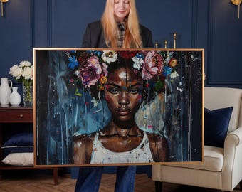 Impression sur toile beauté afro vibrante : oeuvre d'art murale couronne florale femme africaine
