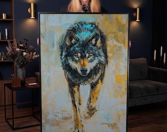 Abstract Wolf Art | Teal Mustard Decor | Bold Animal Canvas Print | Modern Living Room Wall Art