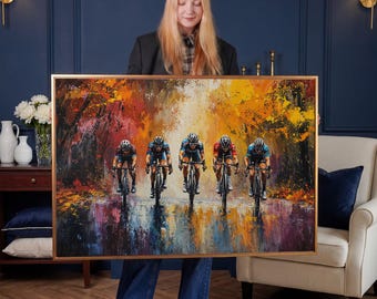 Colorful Cycling Race Framed Canvas Wall Art Cyclists Painting Print Vibrant Sports Wall Decor Autumn Racing Scene Poster Ready to Hang Gift