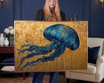 Blue Jellyfish Framed Canvas Print, Golden Marine Life Wall Art, Underwater Wildlife Painting, Aquatic Decor
