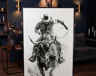 Rodeo Cowboy Bull Rider Canvas Print: Black and White Southwestern Decor Ready to Hang