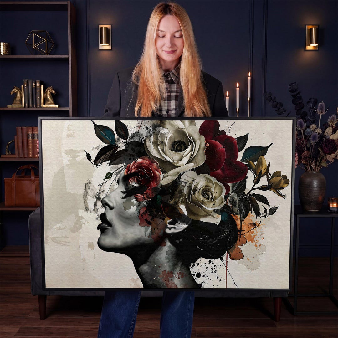 Framed Floral Woman Canvas Art: Abstract Surreal Lady Portrait Print ...