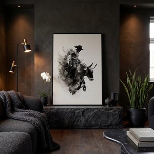 Dynamic Rodeo Cowboy Bull Riding Canvas Art Print – Western Farmhouse Wall Decor image 2