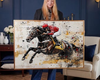 Horse Racing Framed Canvas Wall Art Abstract Jockey Painting Print Equestrian Wall Decor Equine Artwork Sports Poster Ready to Hang Gift