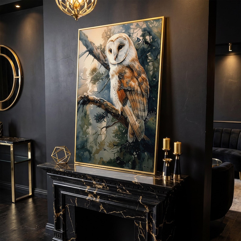 Forest Owl Watercolor Canvas Print, Nocturnal Bird Perched Tree Wall ...